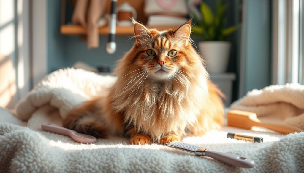 long-haired cat grooming